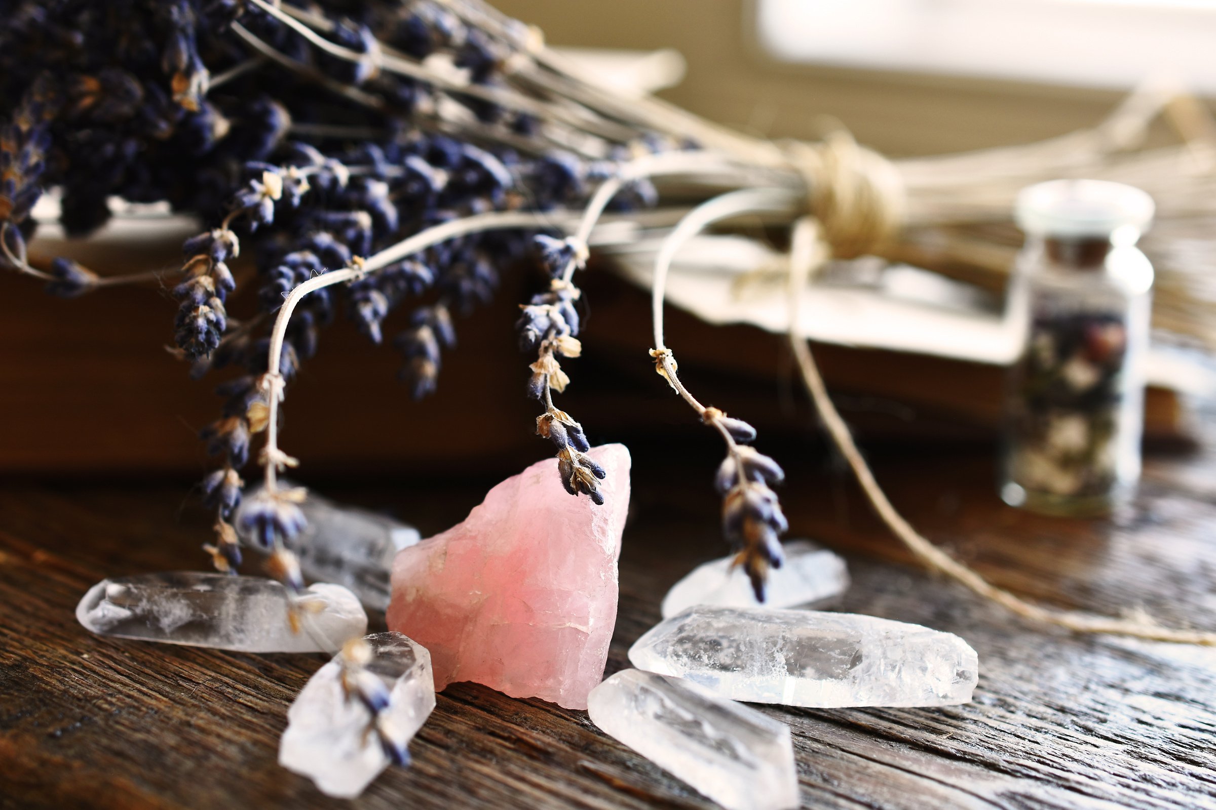 Rose Quartz and Clear Quartz Crystals Close Up